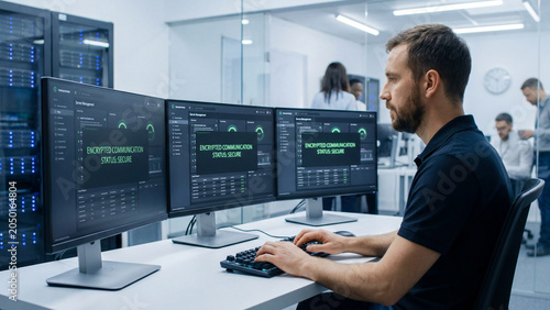It professional analyzing network data on multiple monitors in modern server room environment