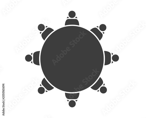 Top view silhouette icon of eight people sitting around circular table for business conference or teamwork meeting in office environment on white background.