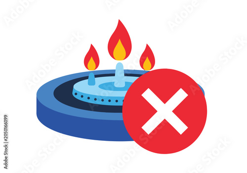 Obraz na płótnie Fossil fuel gas hob burner with flame and red cross mark, no gas sign, natural gas ban, fossil fuel restriction