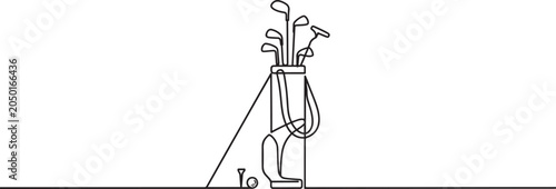 Tablou pe pânză Continuous line drawing of golf bag full of clubs, golfer sport equipment vector Illustration