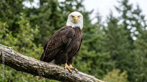 Obraz na plátně Majestic bald eagle perched on mossy tree branch in forest with wildlife