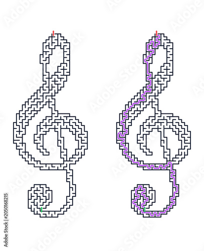 Maze puzzle in the shape of a treble clef with pathways highlighted  