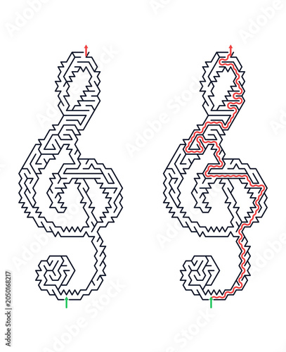 Maze puzzle in the shape of a treble clef design with pathways  