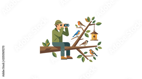 Obraz na płótnie Birdwatcher Sitting on Tree Branch Observing Birds with Binoculars