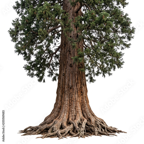 Massive sequoia tree with thick ancient bark, huge trunk, root base visible, isolated on white background 11 ratio