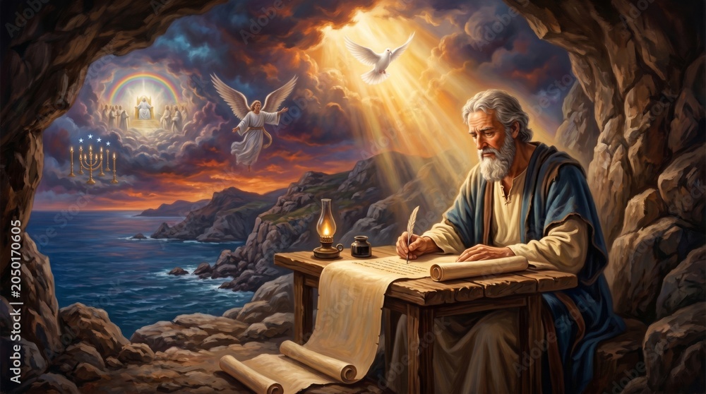 Obraz premium Saint John the Apostle writing the Book of Revelation. Elderly man with beard writing on scroll in cave. Biblical scene with angel, dove, rainbow and throne. Religious art concept.