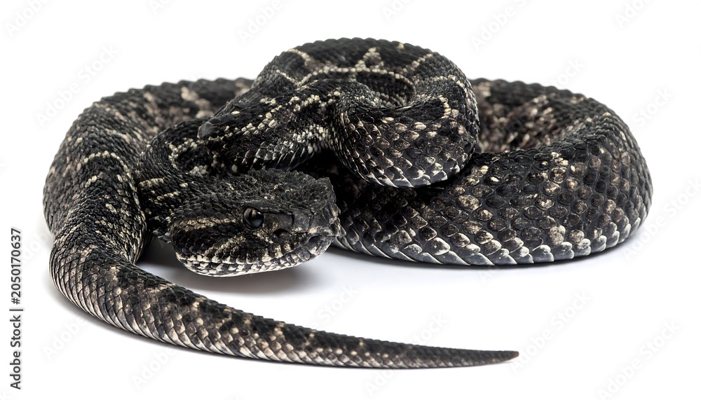 Obraz premium A coiled dark-colored snake with light markings on its scales