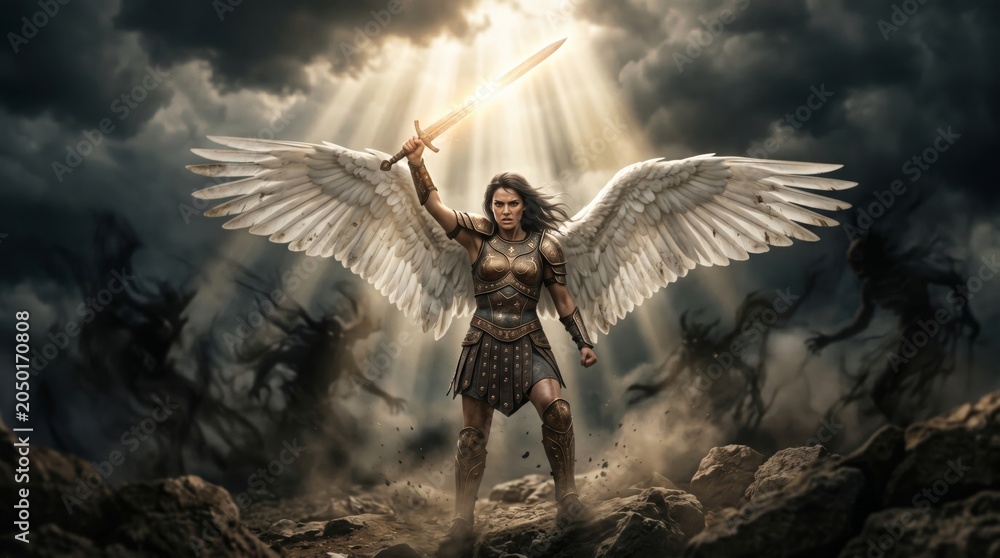 Obraz premium Warrior woman angel with wings holding sword in battle against dark shadows. Epic fantasy scene with divine light descending from sky. Supernatural heroic defender fighting evil forces.