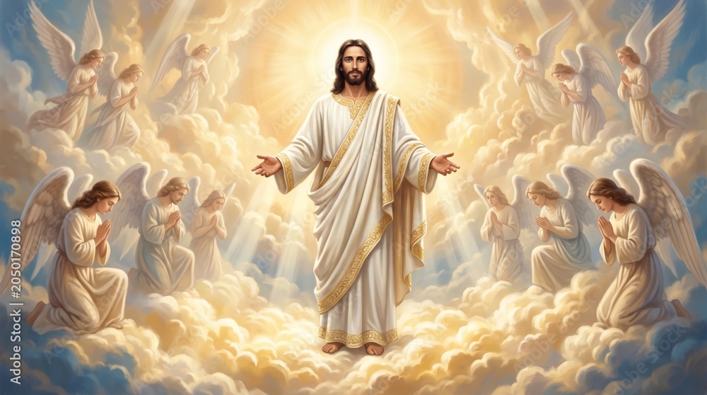 Obraz premium Jesus Christ standing with outstretched arms in heaven surrounded by praying angels. Divine light shining from above. Biblical scene depicting resurrection and salvation concept.
