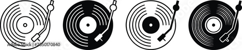 Set of four vinyl record player icons, flat vector illustration