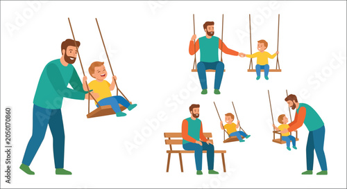 Картината върху платно Father And Son Swinging On Swings Colorful Vector Illustration