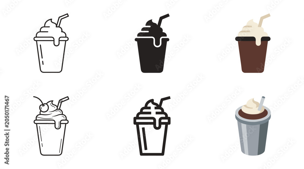 Obraz premium Milkshake cup icon set with outline silhouette flat chocolate cream cherry straw metal cup and isometric vector styles