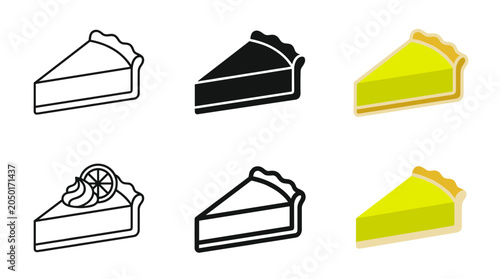 Key lime pie slice icon set with outline silhouette flat chartreuse filling cream garnish lime wheel and isometric vector styles