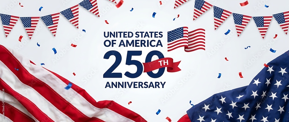 Obraz premium United states of america celebrates 250th anniversary with patriotic decorations and waving flags.