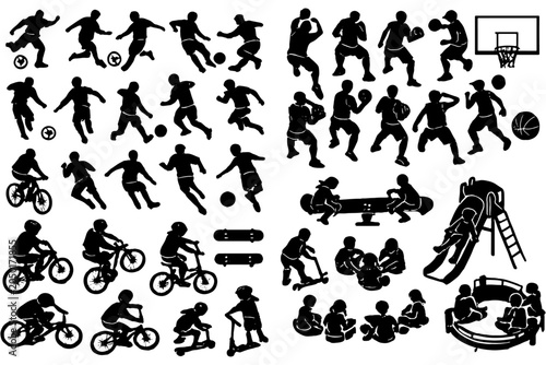 Kids Playing Silhouettes Top View Outdoor Activity Collection