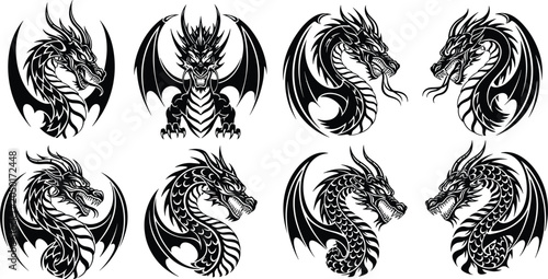 Foto Dragon tattoo and fantasy creature silhouettes, mythical beast and power concept
