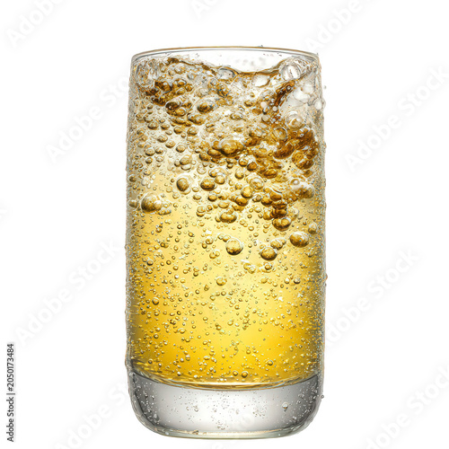 Golden Sparkling Bubbles Rising in Transparent Glass with Frosted Texture Background