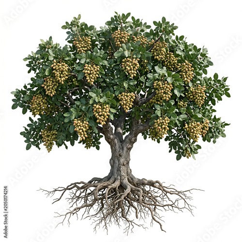 Mature pistachio tree with clustered nuts, realistic leaves, full root system included, isolated on white backround cutout,