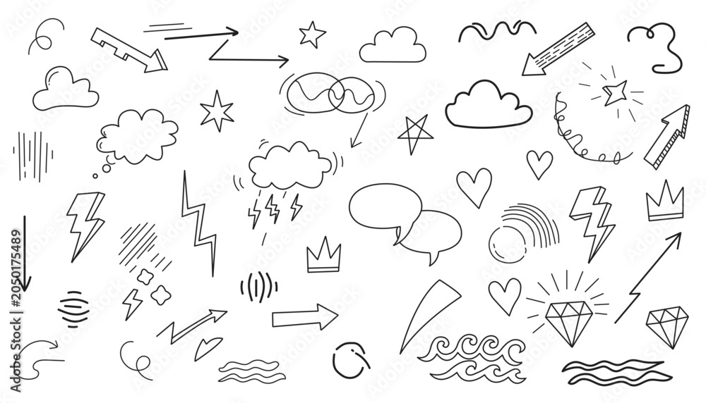 Fototapeta premium Hand Drawn Weather Elements And Symbols Black And White Doodle Set