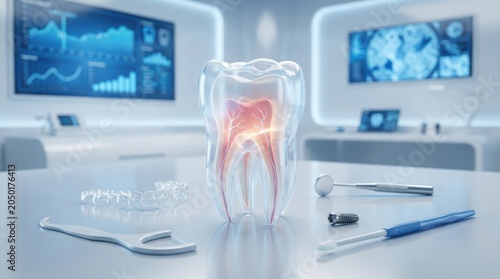 3 D rendered transparent tooth with dental tools and X-ray rendering