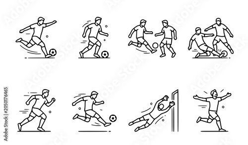 Bilde på lerret Football Action Line Art Vector Collection with Players and Goalkeeper Poses