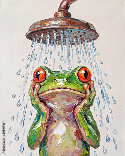 A colorful frog with big eyes standing under a shower, water droplets falling around it.