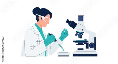 Female scientist in a lab coat using a pipette and microscope for medical research, minimalist flat vector illustration on white background