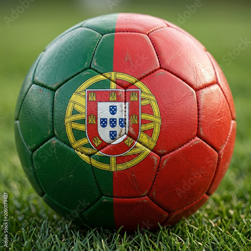 Soccer ball with Portugal flag design resting on green grass during daylight isolated on white background