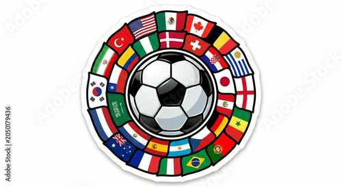 Soccer ball surrounded by international flags during global championship concept isolated on white background