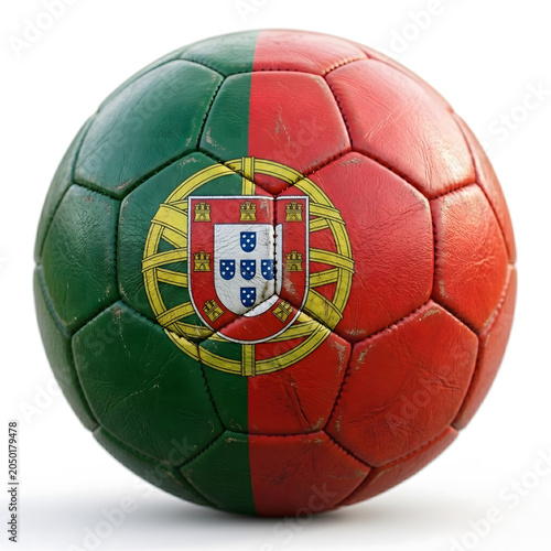 Soccer ball with Portuguese flag design during studio lighting for sporting events isolated on white background