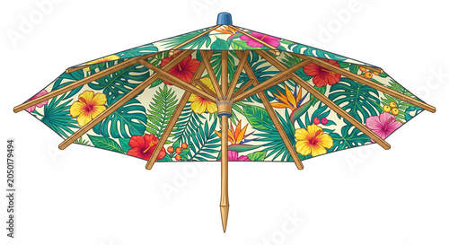 Tropical cocktail umbrella with floral pattern during summer celebration isolated on white background