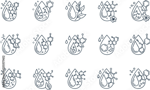 Flat vector illustration of droplet science nature silhouettes, molecular icons, minimal organic design, modern biochemical graphic set, black outline and filled styles