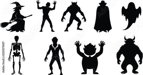 Photos Flat vector illustration of Halloween creature silhouettes, mythical monster ico