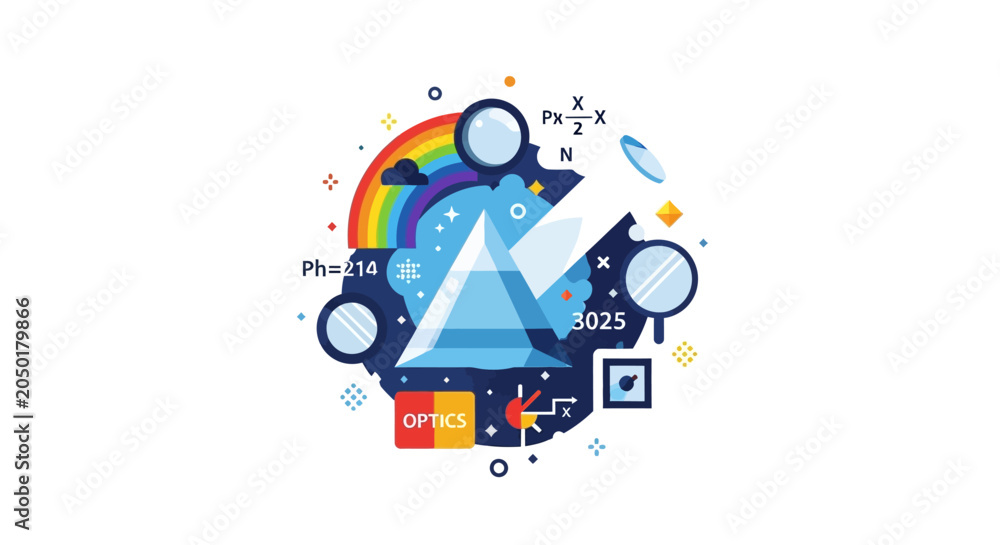 Fototapeta premium Science and Optics Concept Illustration featuring a Prism, Rainbow, and Physics Formulas in Flat Design Style