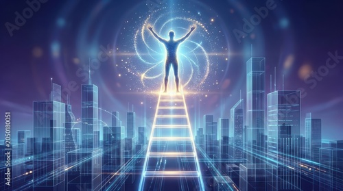 Human figure ascending glowing ladder towards light concept