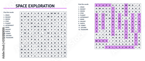фотографія Word search puzzle sheet with answers on space exploration concept