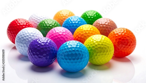 A collection of colorful golf balls on a white surface