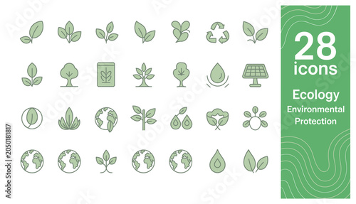 Tableau sur toile Set of 28 green ecology and environmental protection icons for sustainable livin