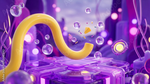 3d render of a stylized purple and yellow futuristic scene with bubbles and confetti floating around a glowing object
