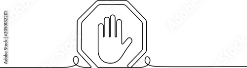 Billede på lærred Continuous line drawing Stop hand sign, warning symbol, line art icon, vector gr