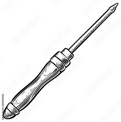 Engraved ice pick illustration on white, vintage tool