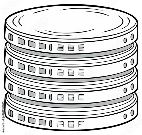 Stack of five round server hard drives with input ports and indicator lights