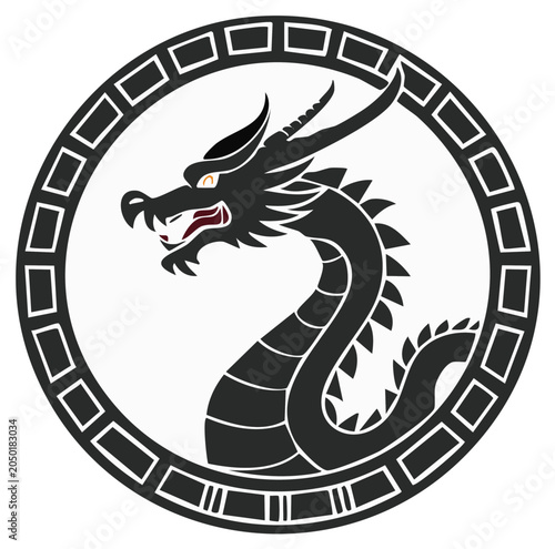 Mythical Black Dragon Emblem in Circular Frame with Geometric Pattern