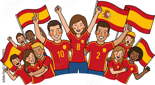 Billede på lærred Diverse group of people in red soccer jerseys holding Spanish flags celebrating