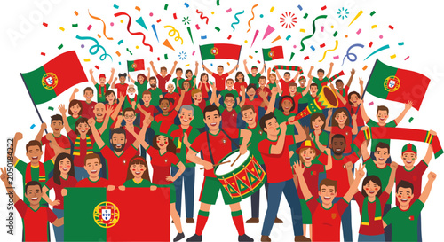 People celebrating with Portuguese flags and colorful confetti and ribbons outdoors