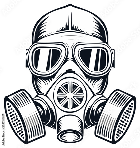 Stylized vintage gas mask illustration with large goggles and twin filters