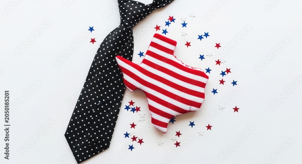 Obraz premium Texas state pride concept with polka dot tie and patriotic confetti on white surface