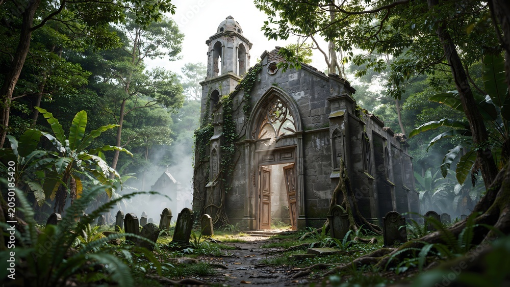Fototapeta premium Mysterious Stone Gothic Chapel Amid Dense Forest with Fog and Overgrown Vegetation