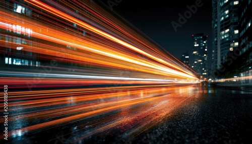 Streaking lights create vibrant orange and white lines across a wet city street at night
