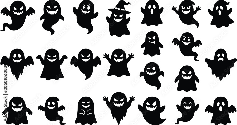 Obraz premium Set of black spooky ghost silhouettes with funny expressions isolated on white background for Halloween holiday decoration vector illustration